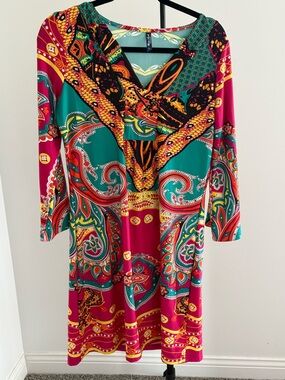 Vibrant Teal & Magenta Paisley V-Neck Long Sleeve Dress
